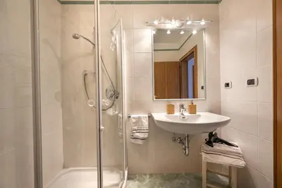 a bathroom with a shower and a sink and a mirror at Panorama Apartments Walter in Ortisei