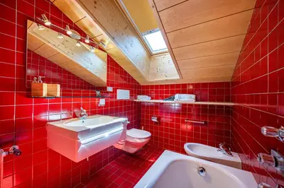 a red tiled bathroom with a toilet and a sink at Panorama Apartments Walter in Ortisei