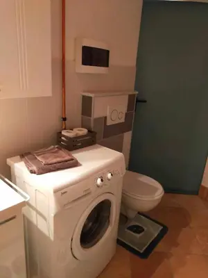 a bathroom with a washing machine and a toilet at Casa Anelis in Bedollo