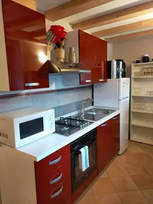 a kitchen with a stove and a microwave at Casa Anelis in Bedollo