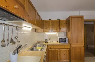 a kitchen with wooden cabinets and a sink and a microwave at Ciasa Nina in San Vito di Cadore