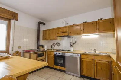 a kitchen with wooden cabinets and a stove top oven at Ciasa Nina in San Vito di Cadore