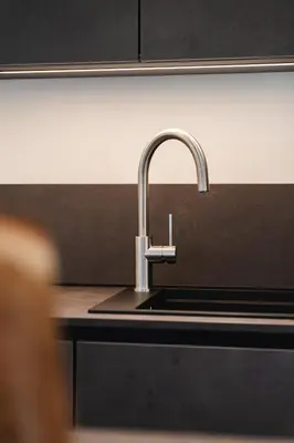 a kitchen counter with a sink and a sink at Birchboden Lodge in Longomoso