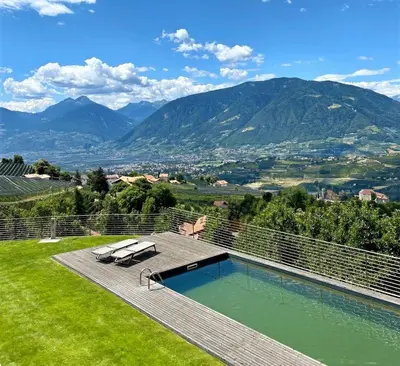 a swimming pool with a view of mountains at Dahoam - Gardensuite L in Schenna