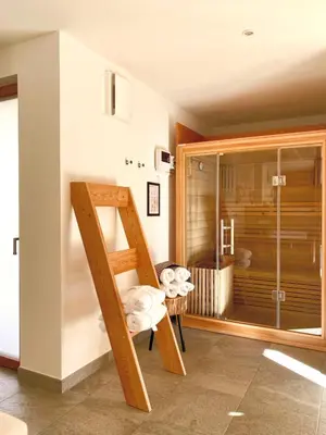 a bathroom with a ladder and a sauna at Dahoam - Gardenchalet in Schenna