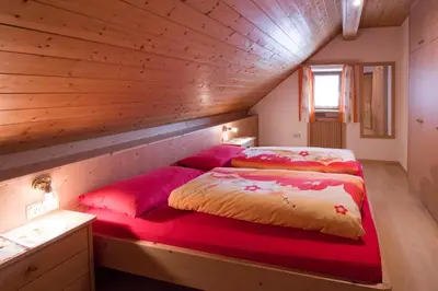 a bedroom with two beds in a wooden attic at Haus Ploner - Pichlerhof in Chienes