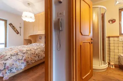 a bedroom with a bed and a bathroom with a shower at Casa Sot Croze in Pozza di Fassa