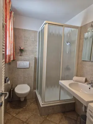 a bathroom with a shower and a toilet and a sink at Apartmenthaus am Waalweg in Caines