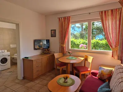 a living room with a table and a window at Apartmenthaus am Waalweg in Caines