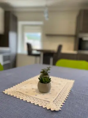 a small plant sitting on a napkin on a table at Casa Tilì in Ziano di Fiemme