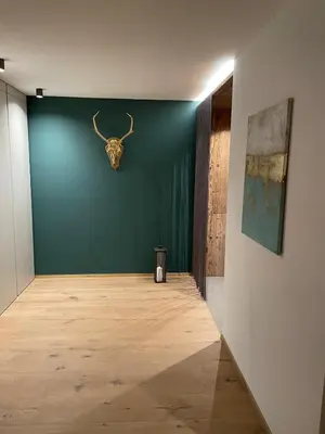 a room with a green wall with a skull on the wall at FeWo Passo-Palade in Tesimo