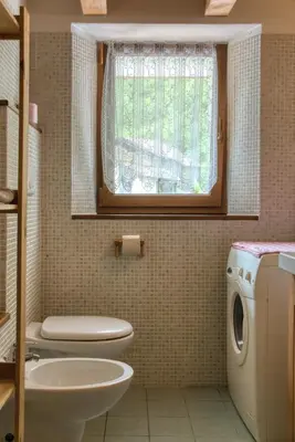 a bathroom with a toilet sink and a washing machine at Le porte dell'agordino in Zenich