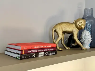a gold monkey on a shelf with books at VILLAREJA - Private City Suite im Herzen der Bozner Altstadt in Bolzano