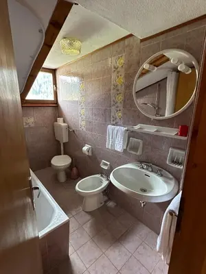 a bathroom with a sink toilet and a mirror at Mansarda nelle dolomiti in Falcade