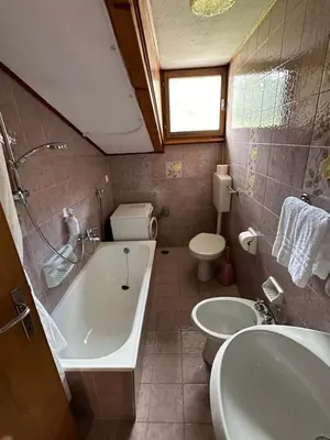 a bathroom with a tub and a toilet and a sink at Mansarda nelle dolomiti in Falcade