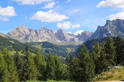 a view of a mountain range with trees and mountains at Bed and Breakfast Iman in Santa Cristina in Val Gardena