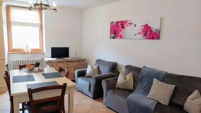 a living room with a couch and a table at Appartamento-Wohnung Amblar in Cavareno