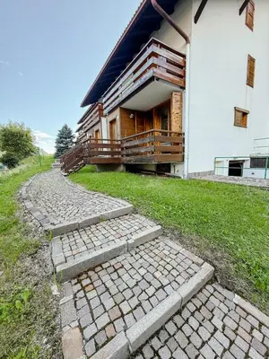 a building with a stone path next to a building at Casa Massari in Campitello di Fassa