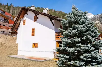 a house with a christmas tree in front of it at Casa Massari in Campitello di Fassa