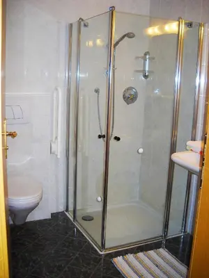 a bathroom with a shower and a toilet at Gasthof Hohenbichl in Terento