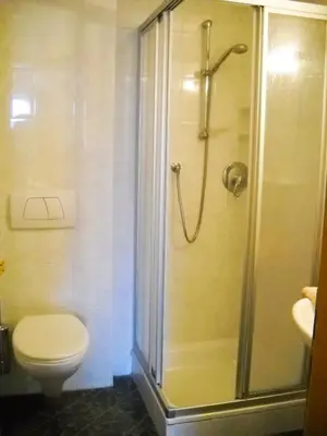 a bathroom with a shower with a toilet and a sink at Gasthof Hohenbichl in Terento