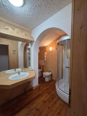 a bathroom with a sink and a shower and a toilet at La Dimora del Sole in Carano