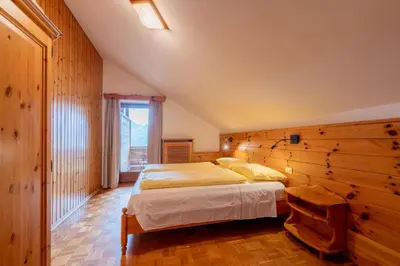a bedroom with a bed and a wooden wall at Rifugio Bec de Roces in Pallua