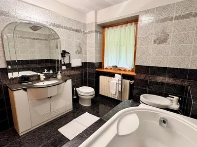 a bathroom with a tub and a sink and a toilet at Antler Apartment in Santa Fosca