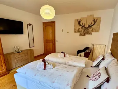 a living room with two beds and a tv at Antler Apartment in Santa Fosca