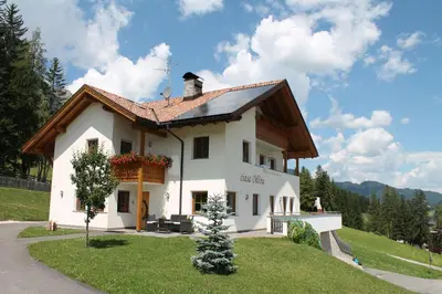 a small white house with a brown roof at Ciasa Odlina in La Villa