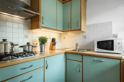 a kitchen with blue cabinets and a white microwave at Ciasa Odlina in La Villa