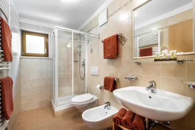 a bathroom with a sink and a toilet and a shower at Ciasa Odlina in La Villa