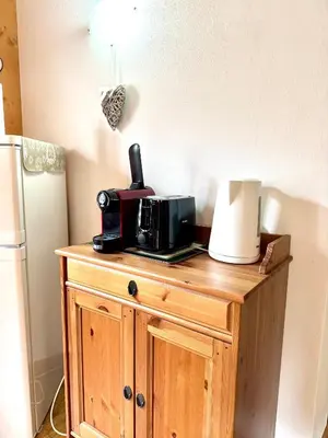 a microwave sitting on top of a wooden cabinet next to a refrigerator at Ciasa De Cin - 10 minutes from Cortina in San Vito di Cadore