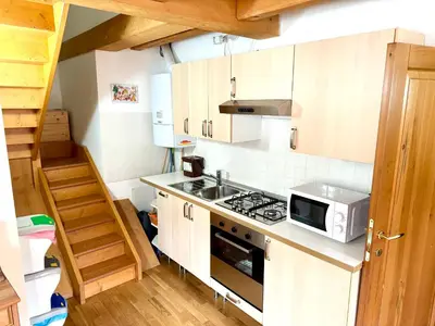 a small kitchen with a stove and a microwave at Ciasa De Cin - 10 minutes from Cortina in San Vito di Cadore