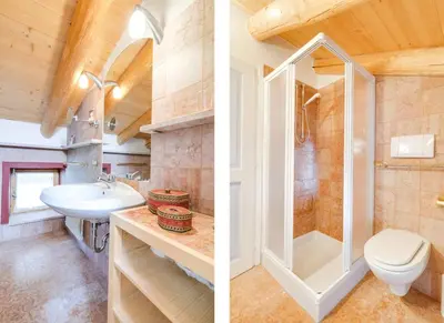 two pictures of a bathroom with a toilet and a sink at Chalet Monciòn in Rualp