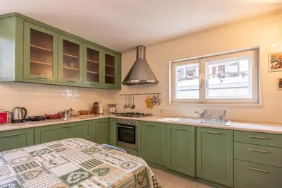 a kitchen with green cabinets and a sink and a window at Casa Sette, in centro a Cortina d Ampezzo in Cortina dʼAmpezzo