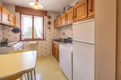 a kitchen with wooden cabinets and a white refrigerator at Casa Ca del Molin, ampia e panoramica in Cortina dʼAmpezzo