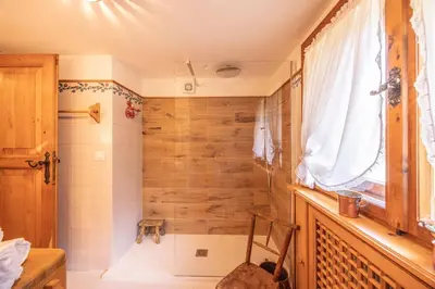 a bathroom with a shower with a wooden wall at Casa Benedeta, confortevole e panoramica in Cortina dʼAmpezzo