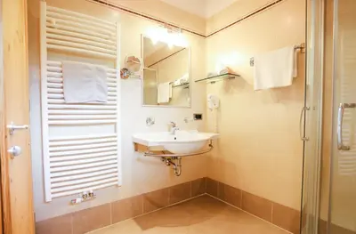 a bathroom with a sink and a mirror at Marxhof in Barbiano
