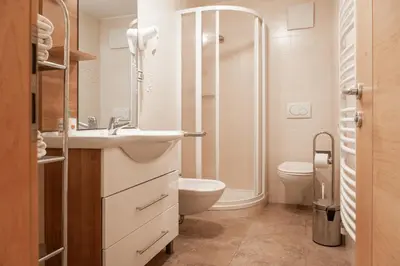 a bathroom with a toilet and a sink and a shower at Öboluckna Appartment in Molini di Tures