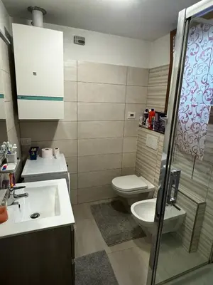 a bathroom with a toilet and a sink at Casa Angelini in Castello di Fiemme