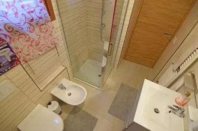 a bathroom with a shower and a toilet and a sink at Casa Angelini in Castello di Fiemme