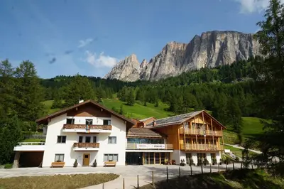 a large building with a mountain in the background at Ciasa Roenn in Colfosco