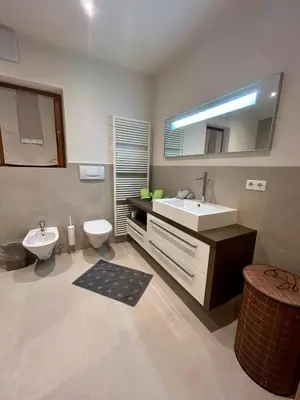 a bathroom with a sink and a toilet and a mirror at Apartment Martha in Sankt Leonhard in San Leonardo in Passiria