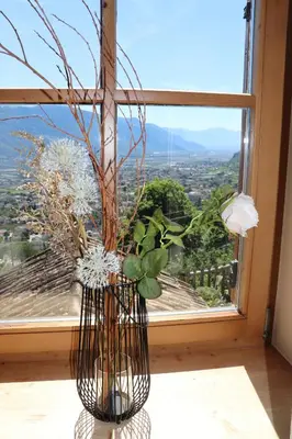 a vase with flowers in a window with a view at Törggelehof Lana in Lana