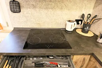 a stove top oven sitting on top of a kitchen counter at Casa Virginia in Val di Fiemme in Castello di Fiemme