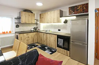 a kitchen with wooden cabinets and a stainless steel refrigerator at Casa Virginia in Val di Fiemme in Castello di Fiemme