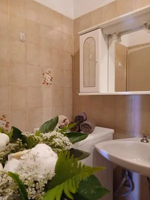 a bathroom with a sink and a toilet and flowers at Maso Solandro in Solaiolo