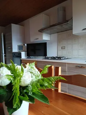 a kitchen with a table with a vase of flowers at Maso Solandro in Solaiolo