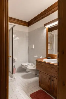 a bathroom with a sink and a toilet and a mirror at Casa Verocai, graziosi bilocali in centro a Cortina in Cortina dʼAmpezzo